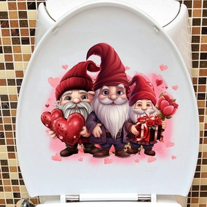 Close-up of Valentine's gnomes and red heart stickers applied on a white toilet lid