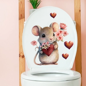 Detail of cartoon mouse holding heart and flowers self-adhesive toilet seat wall sticker