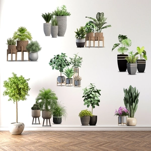 Self-adhesive wall decals featuring realistic potted green plants and palm leaves