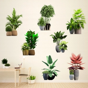 Tropical green plant potted wall stickers for living room and bedroom home decoration