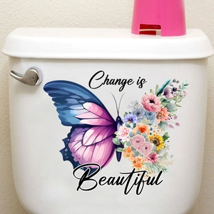 Waterproof butterfly and floral wall sticker on toilet tank with Change is Beautiful slogan