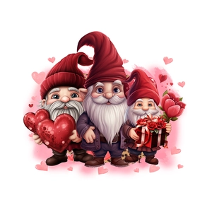 Detail showing three cute Valentine's gnomes with hearts and flowers on white background