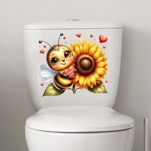 Close-up of cartoon bee with heart and sunflower sticker on white toilet tank