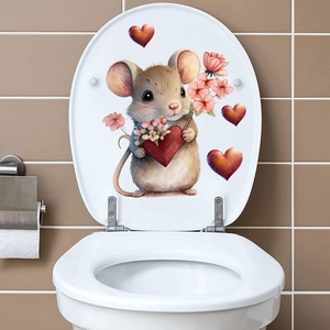 Watercolor mouse holding heart and flowers decorative sticker on a white toilet lid