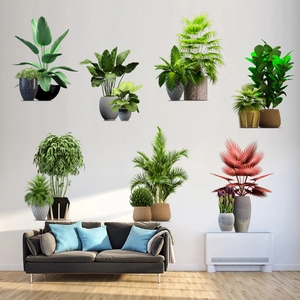 Tropical Potted Plants Wall Sticker Waterproof PVC Self Adhesive Green Leaves Monstera Palm Cactus Wall Decal Home Decor