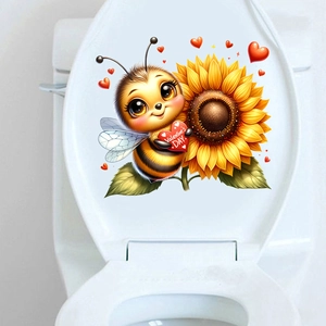 Detail of self-adhesive Valentine's Day wall sticker with bee and sunflower on toilet lid