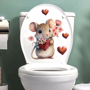 Detail showing hand-drawn mouse with heart and flower stickers applied on a toilet lid