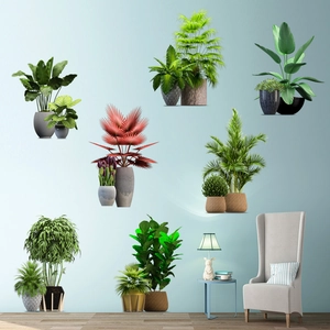 Detail of waterproof tropical plant wall stickers with various potted greenery designs