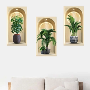 3D Potted Plants Wall Stickers 3 Pieces Set PVC Waterproof Self Adhesive Visual Wall Decals For Living Room Bedroom Decor