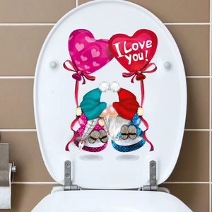 Detail of Valentine Gnomes toilet seat sticker with heart balloons and I Love You text