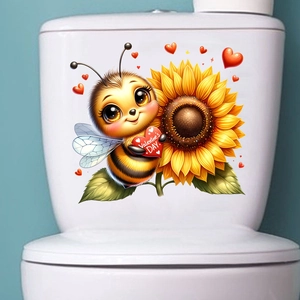 Detail showing a cartoon bee with heart and sunflower sticker applied to a toilet tank