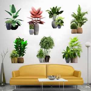 Tropical green potted plants waterproof wall stickers set for living room home decor