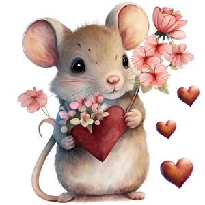Detail of a watercolor mouse sticker holding a red heart and pink flower bouquet
