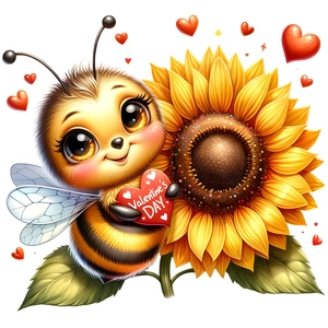 Detail of cartoon bee with heart and sunflower wall decal for Valentine decoration