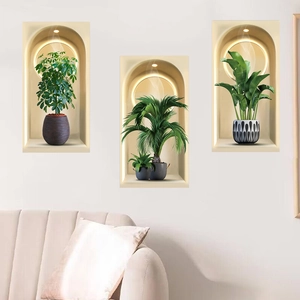 3D realistic potted plant wall stickers set with glowing arch niche effect for home decor