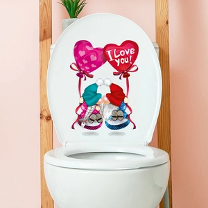 Close-up of Valentine gnome toilet lid stickers with red heart balloons and I Love You text