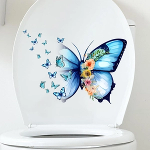 Waterproof floral butterfly toilet lid wall sticker with blue gradient flower patterns