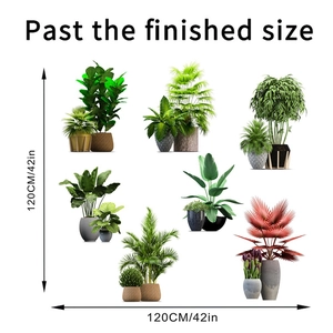 Detailed dimensions of tropical plant wall stickers with various potted leafy greenery