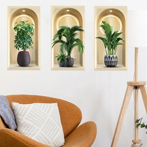Detailed 3D wall sticker set with realistic potted green plants in warm beige niches