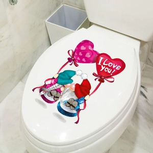 Romantic Valentine gnome wall stickers with I Love You heart balloons on toilet lid