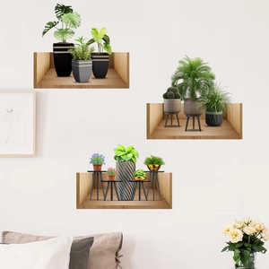 3D wooden shelf wall decals with potted green plants for living room decor