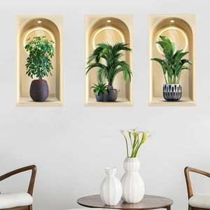 3D potted plant wall stickers set featuring palm leaves and warm ambient lighting effects