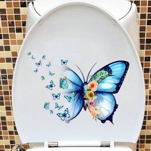 Detail of floral butterfly toilet seat sticker with vibrant sunflowers on white surface