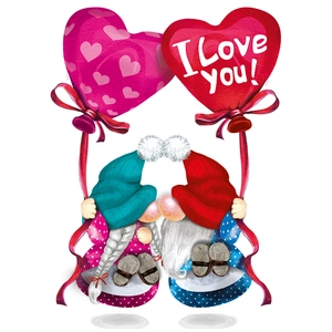Detailed watercolor illustration of romantic Valentine's gnomes holding I Love You balloons