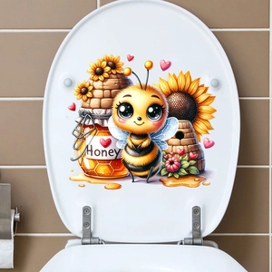 Cartoon bee and sunflower self-adhesive sticker applied to a white bathroom toilet lid