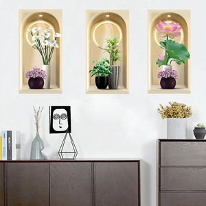 3D Visual Faux Niche Wall Sticker Modern Minimalist Lily Lotus Potted Plant Pattern PVC Self Adhesive Waterproof Wall Decal Living Room Bedroom Home Decor Art