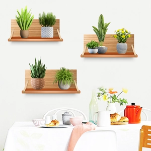 Dreier-Set Schweberegale aus Holz mit dekorativen Zimmerpflanzen für die Wand