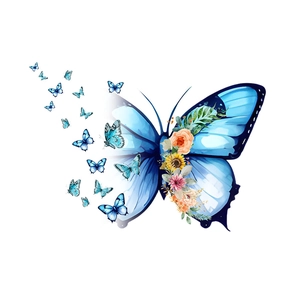Detailed blue butterfly wall sticker with watercolor floral wings and flying accents