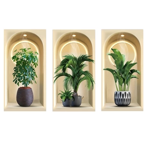 3D triptych wall decals featuring potted greenery and modern arched alcove lighting