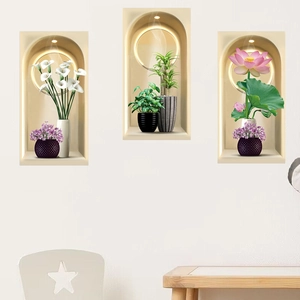 3D arch niche wall stickers with simulation green plants and lotus for home wall decor