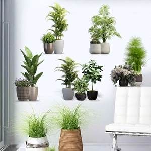 Self-adhesive waterproof wall stickers featuring various potted plants for home decor
