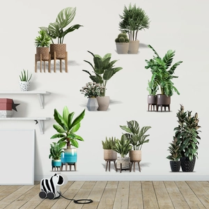 Tropical potted plant wall stickers featuring monstera and cactus for home wall decor