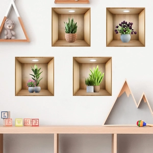 3D wooden frame wall stickers featuring realistic green potted plants and lighting effects