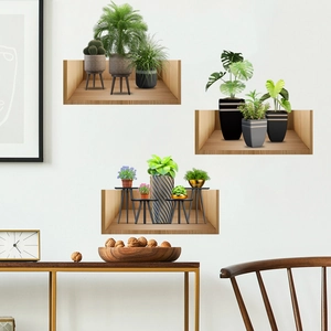 Set of 3D wooden frame plant wall stickers featuring green monstera and cactus decor