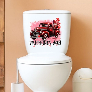 Valentine's Day truck and gnome sticker applied to a white ceramic toilet tank surface