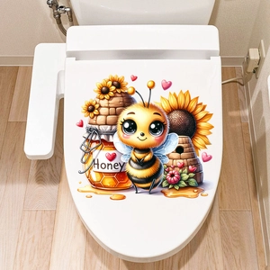 Adhesive bathroom toilet lid decal featuring a cute honey bee and sunflower design
