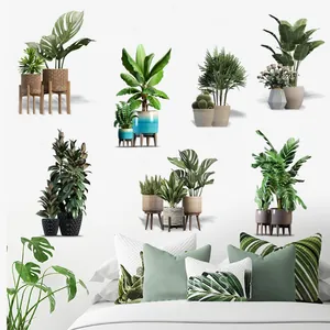 Detail of tropical plant wall stickers featuring monstera and cactus for bedroom decor
