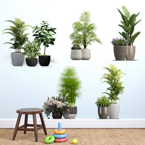 Realistic green potted plant wall stickers decorating a living room with cozy home vibes
