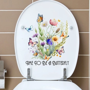 Detail of floral butterfly toilet stickers with 'TIME TO BE A BUTTERFLY' slogan