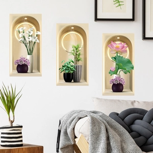 Detailed view of 3D set wall stickers with calla lilies and green plants for living room decor