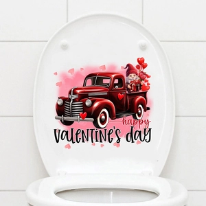 Detail of Happy Valentine's Day toilet seat sticker with red truck and gnome design
