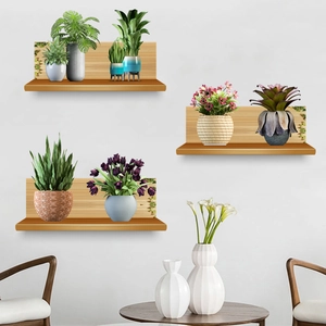 Three-piece faux wood shelf wall stickers with artificial potted green plants and flowers