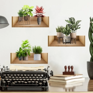 3D wooden shelf wall stickers with green potted plants for living room wall decor