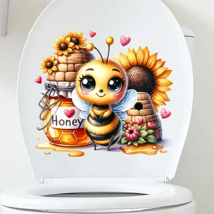 Detail of cute bee and sunflower self-adhesive waterproof PVC sticker on toilet lid
