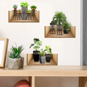 3D realistic green plant wall stickers with wood frame shelves for home decor