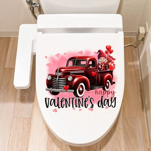 Self-adhesive Valentine's Day toilet decal with a red truck, gnome, and heart motifs